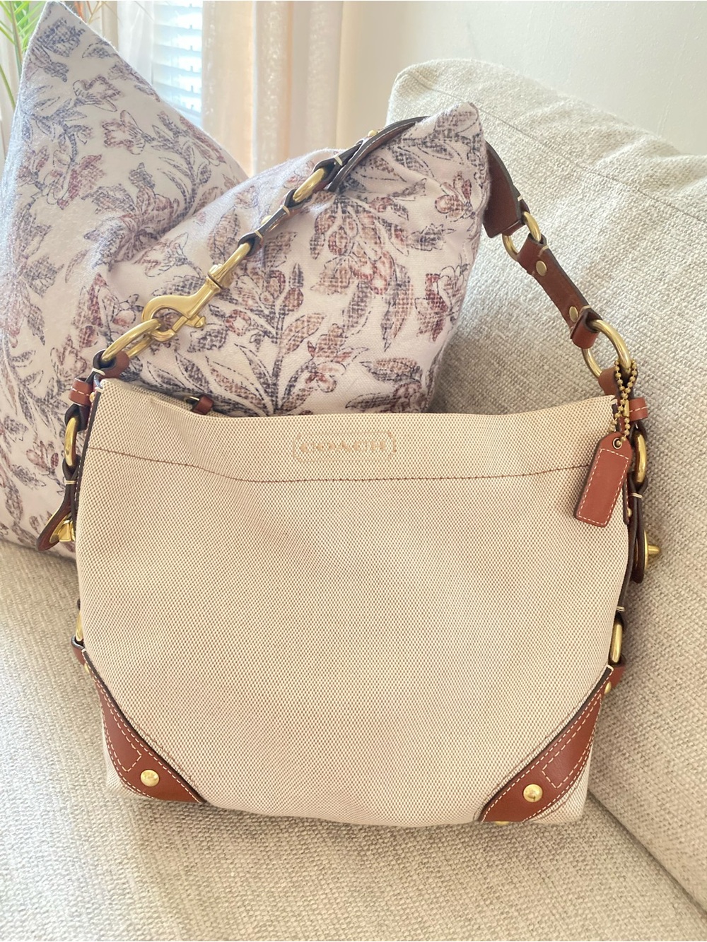 Coach Carly Hobo Bag with Brown Leather Trim and Gold Hardware